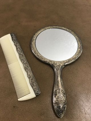 Vintage 2 Piece Vanity Set Silver Metal Finish Handheld Mirror & Comb