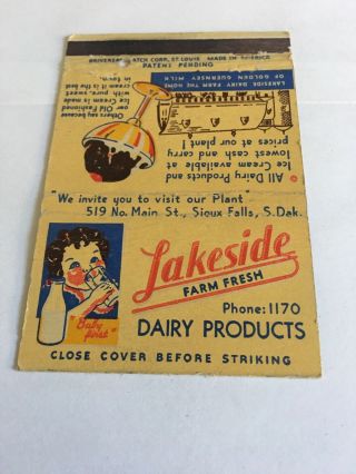 Vintage Matchbook Cover Lakeside Farm Fresh Dairy Products Sioux Falls So Dakota