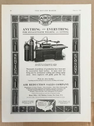 Airco Davis 1923 Vintage Print Ad 1920s Illus Engine Welding Torches