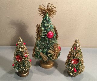 3 Vtg Christmas 8 " 5 " Bottle Brush Trees Japan Ornament Glitter Sequin Decorated