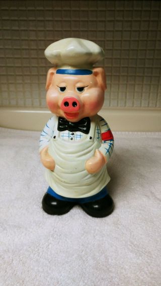 Vintage Utensil Holder Chef Pig Piggy Hog White Hat Apron Wooden Spoons 11 "