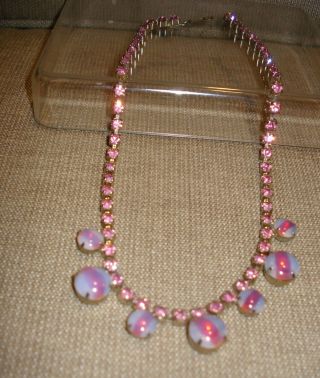 Vintage Goldtone Pink Rhinestone Opal Glass Cabochon Drop Choker 14 1/2 "