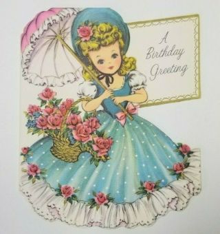 Vtg Southern Belle Birthday Card 3 Girls Blue Pink Green Dress Parasol Die Cut