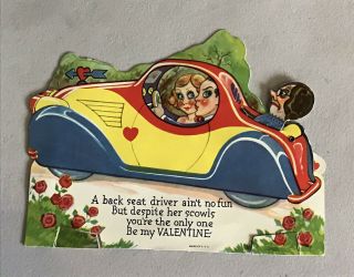 Vintage 1930’s Valentine Card Couple In Antique Car W/ Mother In Law Mechanical