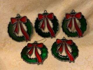 Vintage Faux Stained Glass Christmas Ornament Wreath Green Red Sun Catcher - 5