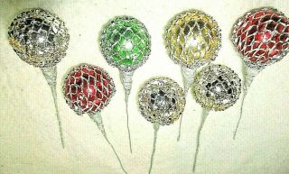 7 Vintage Large Mercury Glass Balls On Stems W/ Metal Mesh Trim= Colors