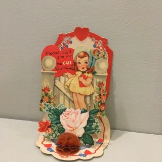 Vintage Valentine Card Pretty Little Girl Flower Garden Gate Pink Roses Foldout