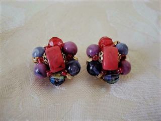 Vintage Beaded Cluster Clip On Earrings Pink Purple Etc.  Plastic Beads Hong Kong