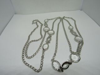 Vintage Silver Tone Long Chain Necklace Clear Stones And Design Pendants