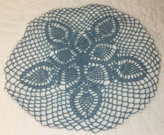 Vintage Hand Crocheted Large Doily,  Round,  Blue,  White,  Pineapple Design
