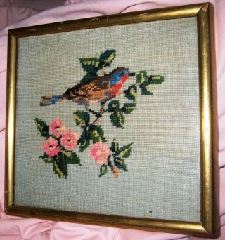 Vintage Hand Embroidered Framed Picture Bird & Flowers Middletown Art Gallery
