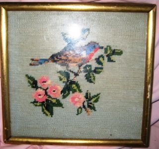 Vintage Hand Embroidered Framed Picture bird & Flowers Middletown Art Gallery 3