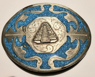 Vintage Silver & Turquoise Alpaca Mexico Belt Buckle Aztec Symbol - Hand Made