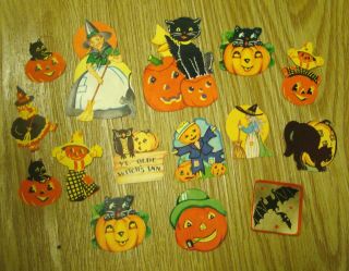 Vintage Halloween Gummed Seals Witch Black Cat Scarecrow Pumpkin Bat Owl
