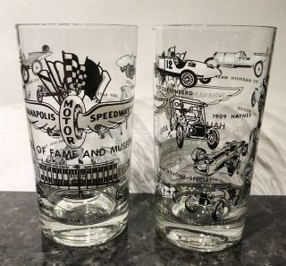 2 Indianapolis Motor Speedway Drinking Glasses Hall Of Fame Museum Vtg Race Cars