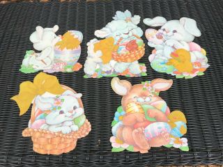 (5) Vtg Die Cut Easter Spring Decorations Flocked Bunnies Chicks Lamb