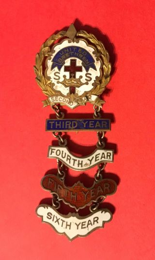 Vintage Evangelical United Brethren Ss Second Year Pin & 4 Additional Year Tags