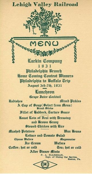 1931 Lehigh Valley Railroad Special Dining Car Menu
