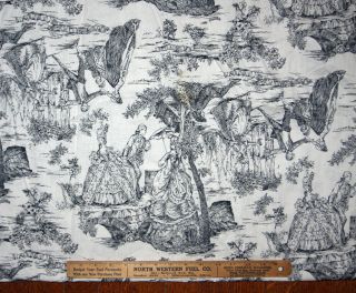 Vtg Fabric Large Scale French Toile Black & White Playing 18th Century Games