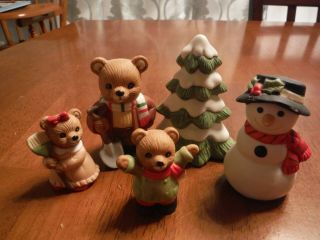 Vintage Set Of 5 Homco Christmas Bears With Snowman & Christmas Tree 5101