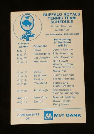 Vintage Buffalo Royals 1974 World Team Tennis Memorial Auditorium Schedule