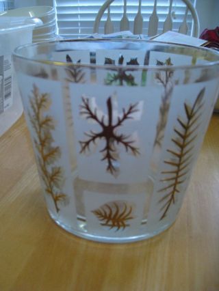 Vintage Gold Leaves Frosted Foliage Glass 5 " Tall Ice Bucket