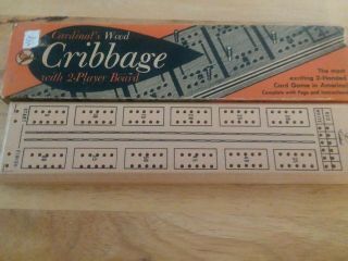 Vintage Cardinal’s Wood Cribbage Board With Box And Wood Pegs