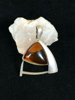 Vintage Sterling Silver Baltic Amber Pendant Modernist Abstract Dangle Open 925