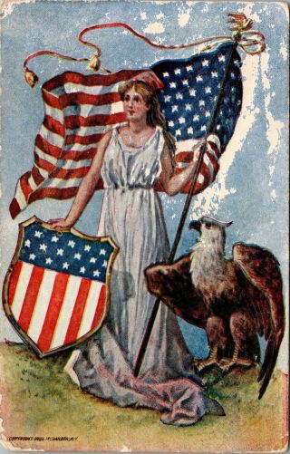 Vintage 1906 Lady Liberty With Eagle,  American Flag Patriotic Patriot Postcard