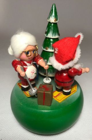Vintage Rotating Christmas Music Box Skiing Santa And Mrs Claus