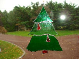 Vintage Stained Glass Christmas Tree Window Sun Catcher Ornament 7 - 1/2 "