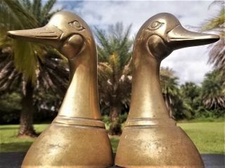 Pair Vintage 1960 ' s Heavy Brass Mallard Duck Bookends - 6 