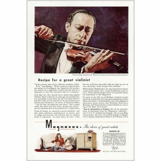 1944 Magnavox: Recipe For A Great Violinist Jascha Heifetz Vintage Print Ad