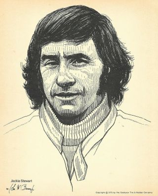 Print: Jackie Stewart Portrait.  1975.  Goodyear Tire.  Auto Racing.  F1 Gp.  Photo.