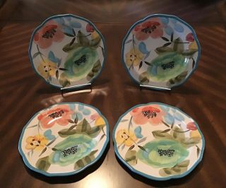 Pioneer Woman - Scalloped Floral Teal Salad Plates - Vintage Bloom - Set/4 Euc