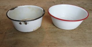 2 Vintage Enamel Ware Enamelware Bowl Basin White Red & Black