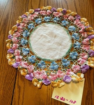 Sweet Vintage Pastels & White Hand Crocheted Doily Pansy Pattern 13 " In Diameter