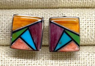 925 Sterling Silver Vintage Native American Turquoise Stone Earrings 7.  5g S189