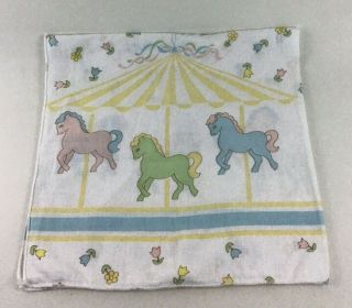 Vintage Hospital Receiving Baby Blanket Carousel Pastel Floral W Horses Pattern