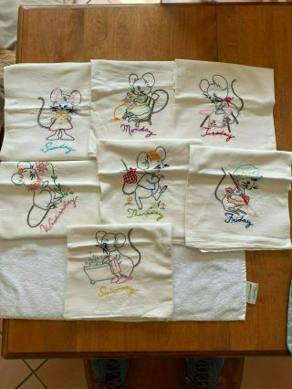 Vintage 7 Days Of The Week Hand Embroidered Cotton Towels - Mice Doing Chores - Nos