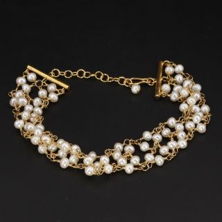 Vtg Sterling Silver - Freshwater Pearl Bead Chain Link 9 " Gold Bracelet - 13g