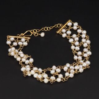 Vtg Sterling Silver - Freshwater Pearl Bead Chain Link 9 " Gold Bracelet - 14g