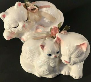 Persian Cat Figurines Set Of 2 Mother Kitten White Roses & Ribbon 5 3/4 " Vintage
