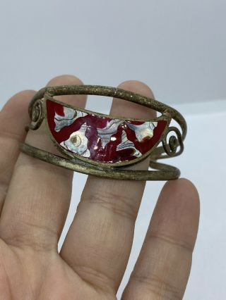 Vintage Alpaca Silver Mexico Abalone Shell & Coral Inlay Cuff Bracelet