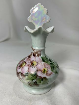 Vintage Porcelain Perfume Bottle With Stopper Ruffled Floral Pink Hand Painted