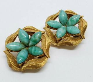 Elegant Vintage Gold Tone Green Peking Glass Navette Floral Modernist Earrings 2