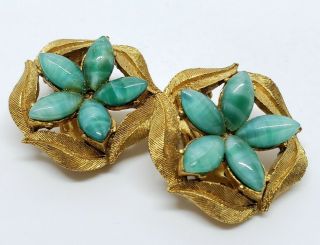Elegant Vintage Gold Tone Green Peking Glass Navette Floral Modernist Earrings 3