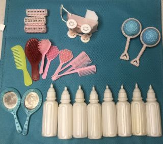 Vintage Plastic Baby Bottles,  Rattles Doll Props Curlers Combs Brushes Mirrors