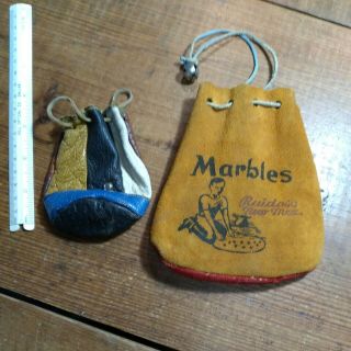 2 Vintage Marbles Leather Bags In Good With Drawstrings Old Bags