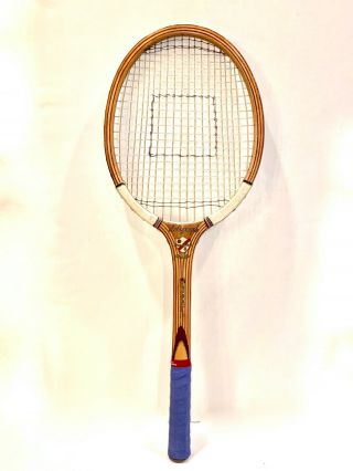 Vintage Wooden Tennis Racket Plywood Good Cond Nylon Strings Overwrap Grip